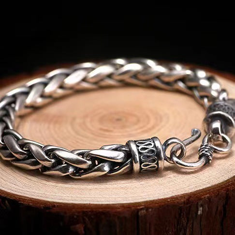 Vintage Thai Silver Dragon Bone Braided Punk Bracelet for Men – Distressed Hip Hop Hand Chain