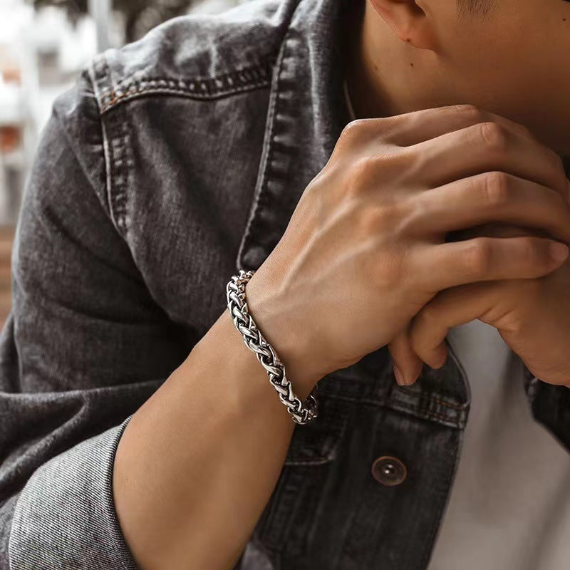 Vintage Thai Silver Dragon Bone Braided Punk Bracelet for Men – Distressed Hip Hop Hand Chain