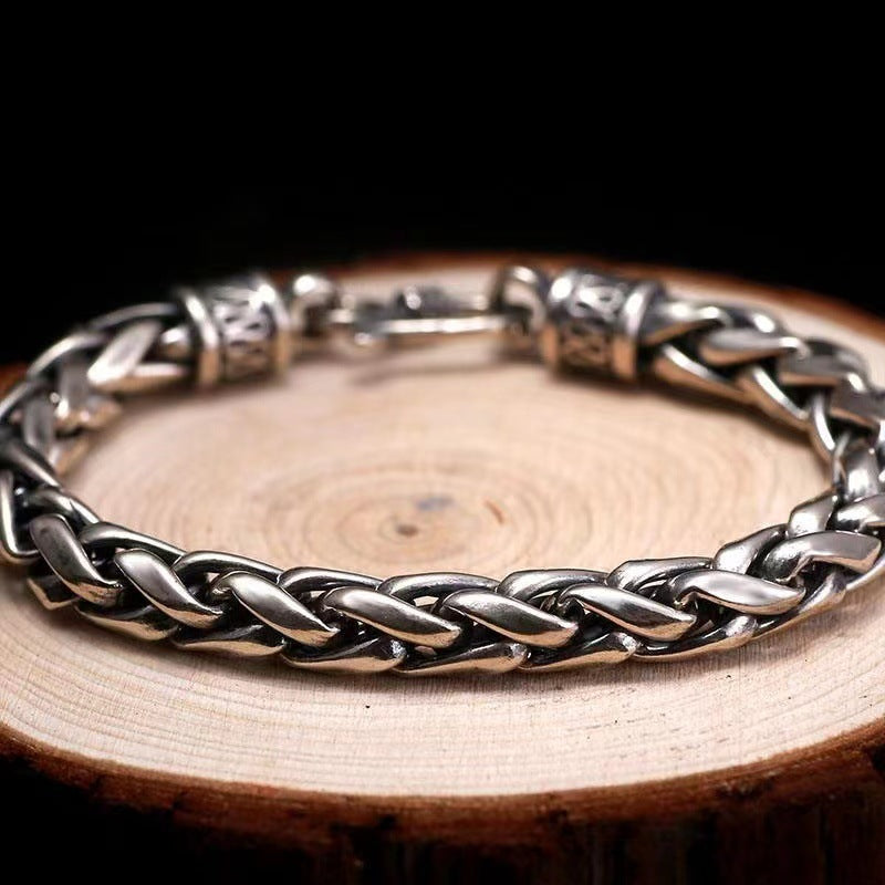 Vintage Thai Silver Dragon Bone Braided Punk Bracelet for Men – Distressed Hip Hop Hand Chain