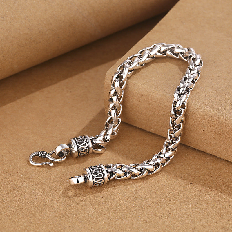 Vintage Thai Silver Dragon Bone Braided Punk Bracelet for Men – Distressed Hip Hop Hand Chain